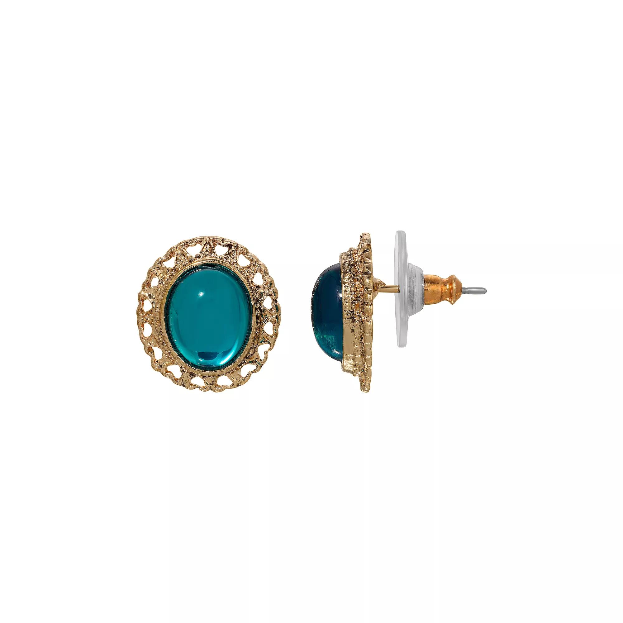 1928 Gold Tone Decal Oval Button Stud Earrings, Women's, Blue Product Image