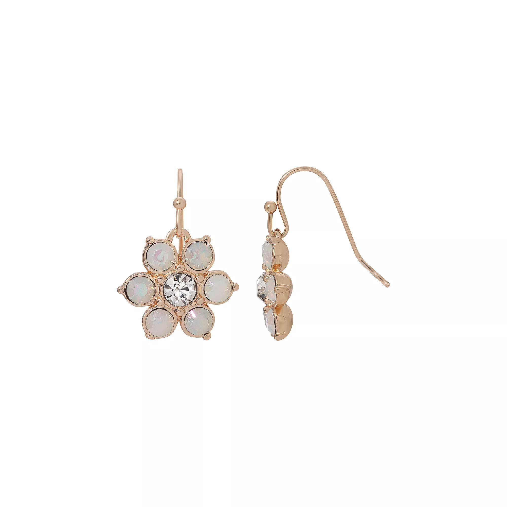 1928 Gold Tone Simulated White Opal Crystal Flower Drop Earring, Women's Product Image