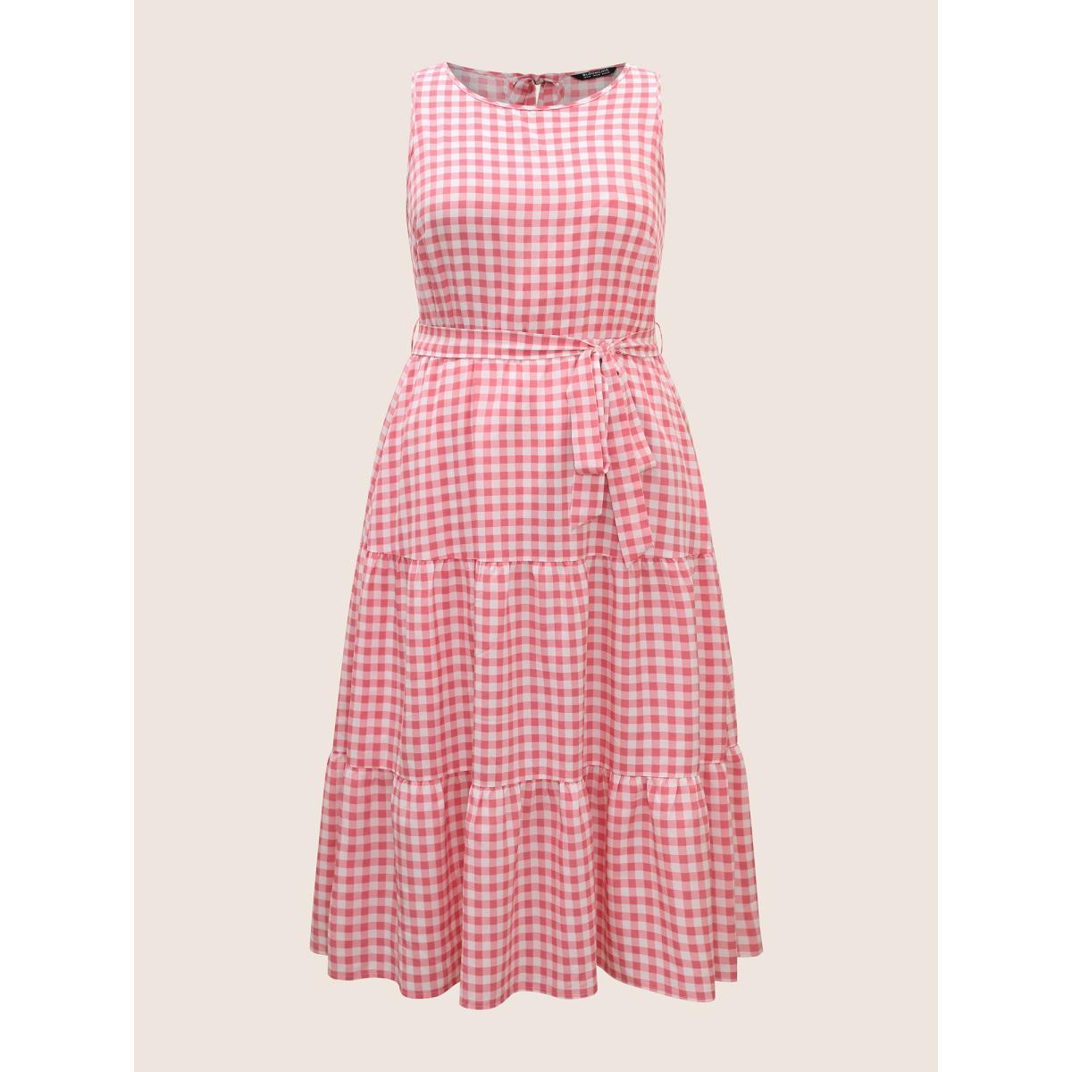 Plus Size Gingham Elastic Waist Sleeveless Maxi Dress Blush Women Casual Belted Round Neck Sleeveless Curvy BloomChic 10/M Product Image