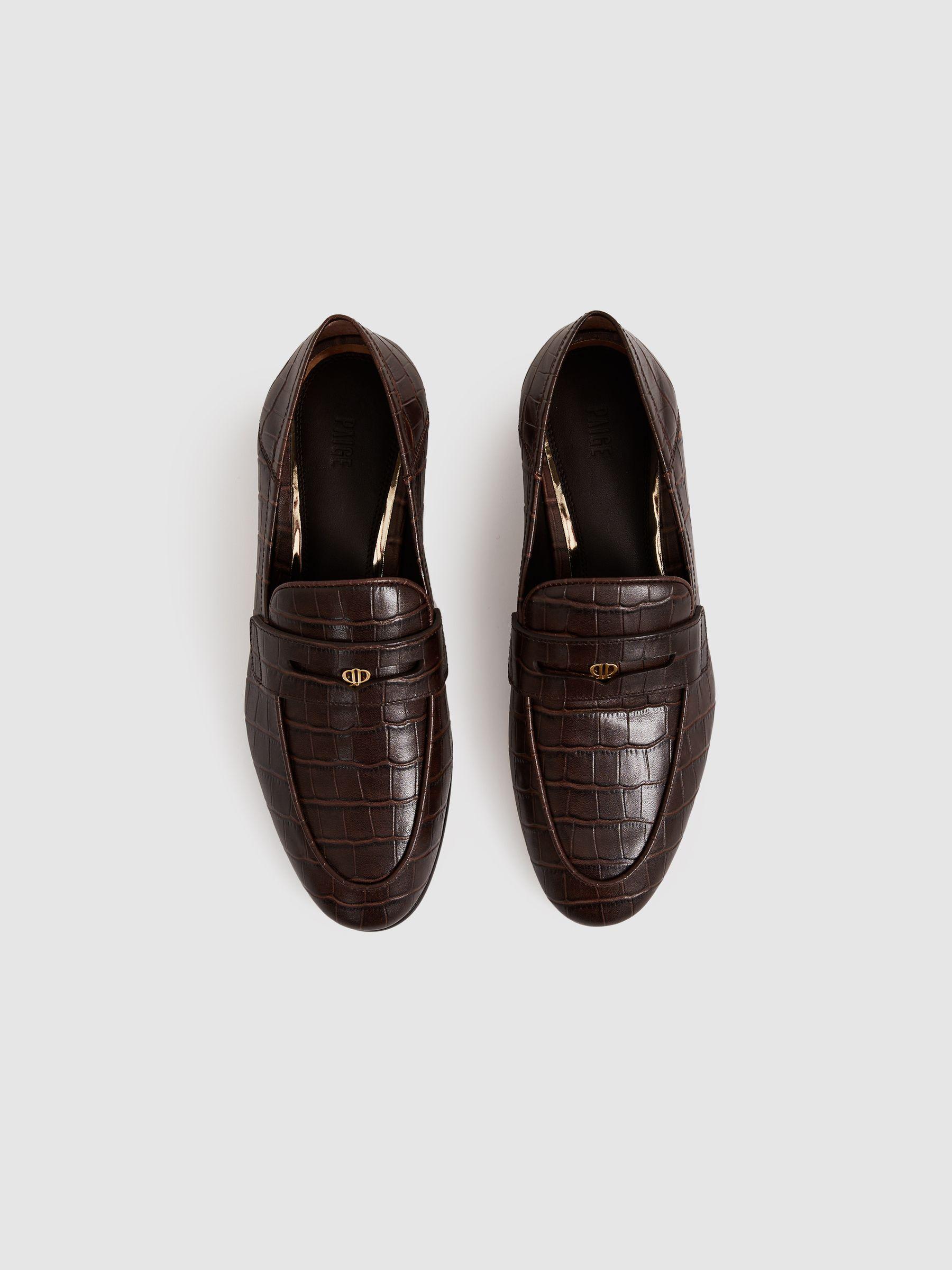 Paige Leather Crocodile-Embossed Penny Loafers in Chocolate Product Image