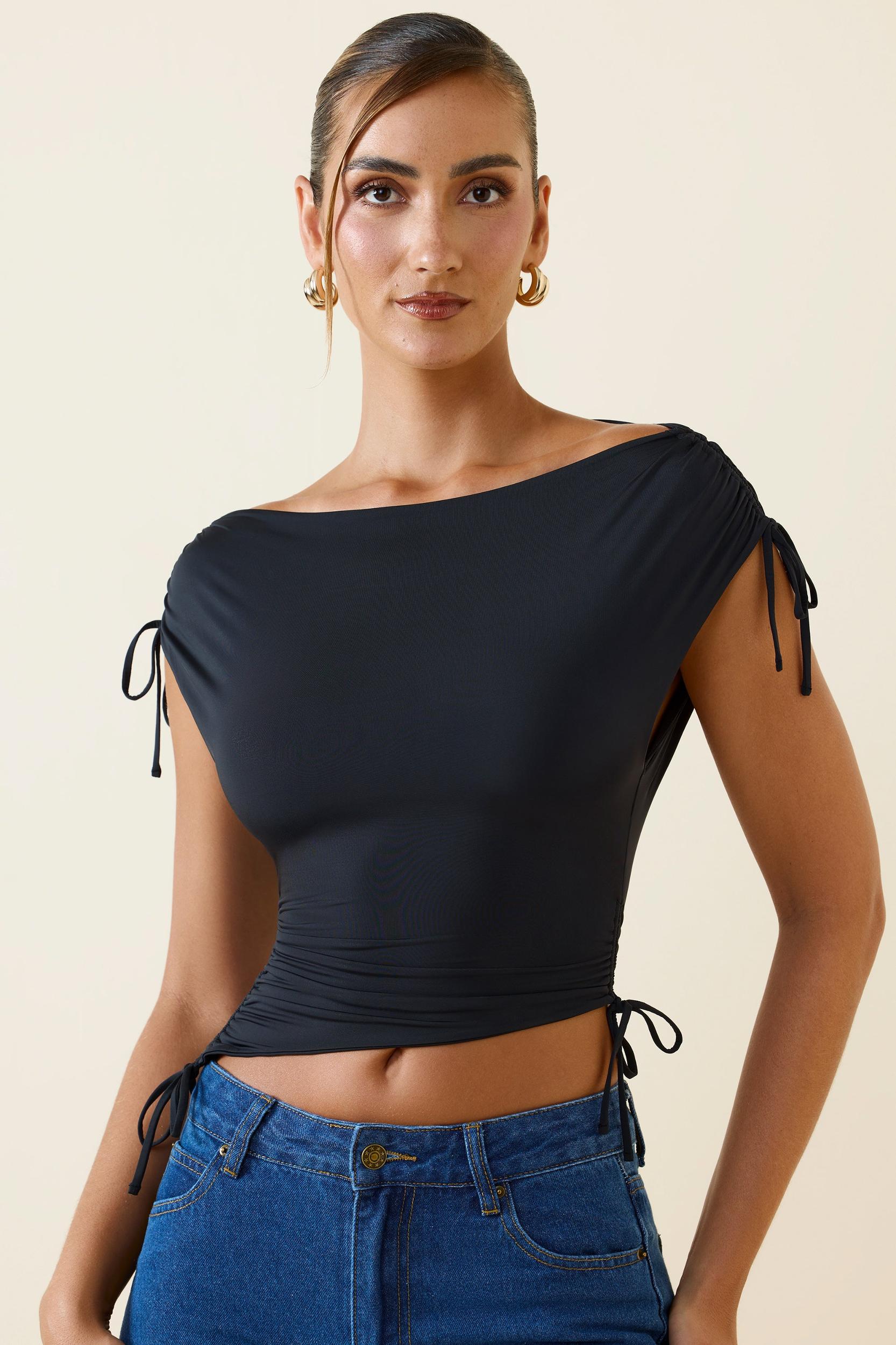 Asymmetric Ruched Cowl-Back Crop Top in Black Product Image