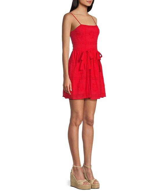City Vibe Eyelet Embroidered Sleeveless Bow Accent Dress Product Image