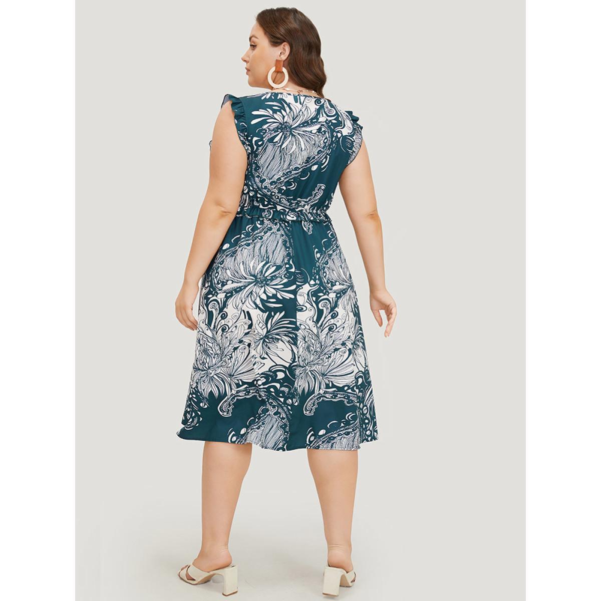 Plus Size Floral Print Sleeveless Pocket V Neck Frill Trim Dress DarkBlue Women Elegant Ruffles V-neck Sleeveless Curvy Midi Dress BloomChic 12/L Product Image