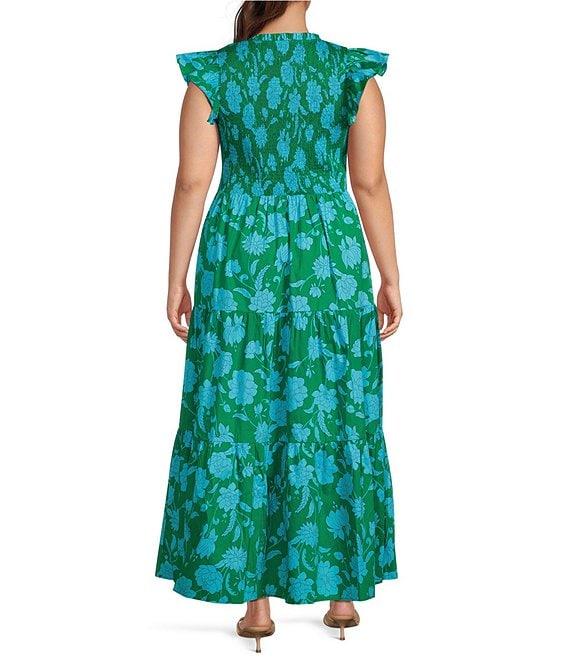 Sugarlips Plus Size Tropical Floral Print V-Neck Ruffle Cap Sleeve Smocked Bodice Tiered Long Dress Product Image