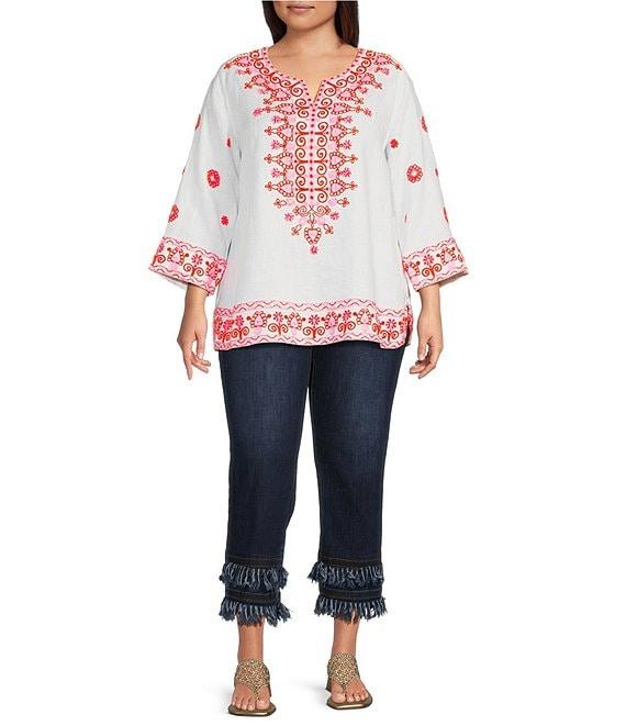 John Mark Plus Size Embroidered Split V-Neck 3/4 Sleeve Hi-Low Hem Tunic Product Image