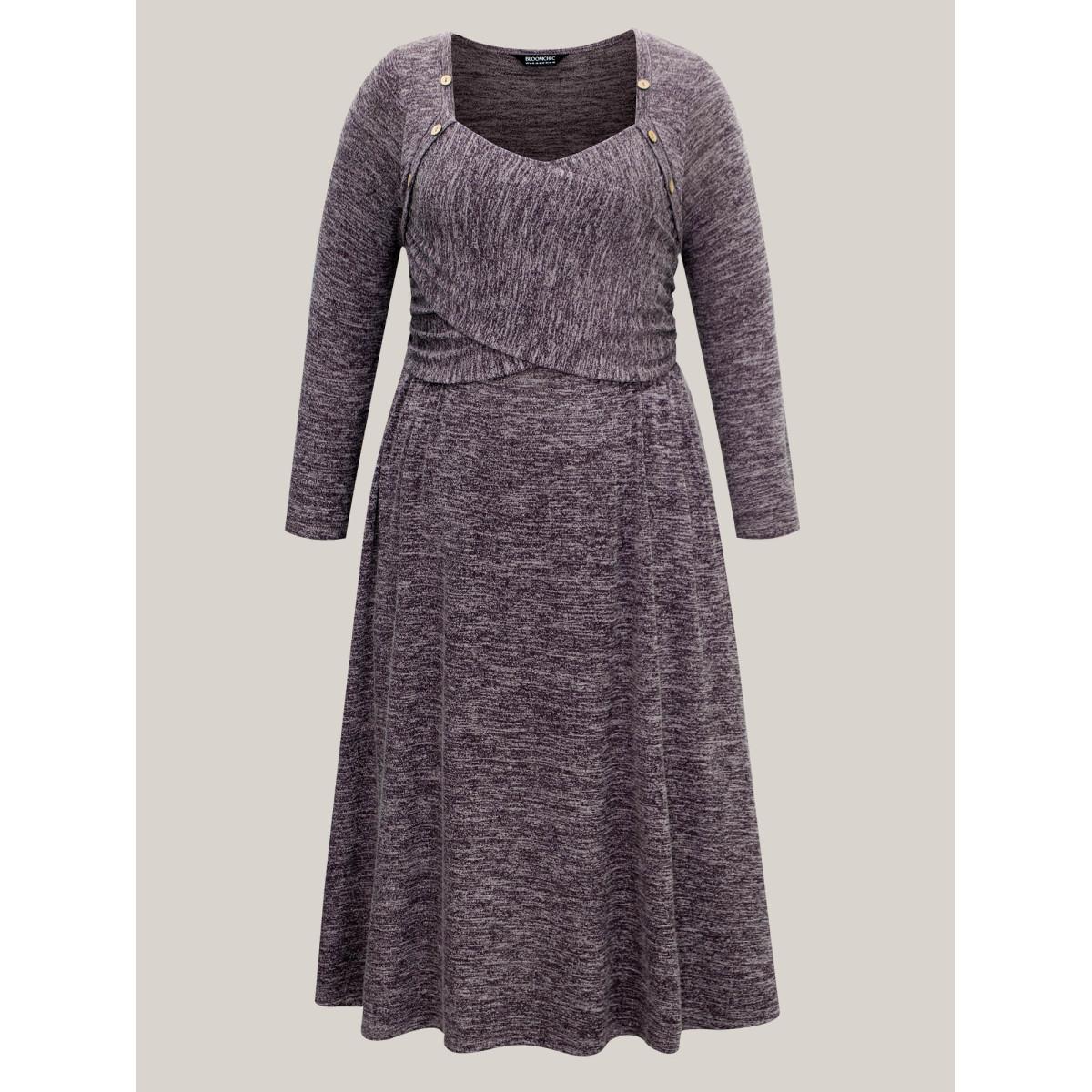Plus Size Heart Neckline Button Detailing Crossover Fit Dress Mauve Women Casual Gathered Knit Dresses Bloomchic 14-16/1X Product Image