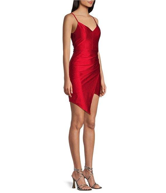 Honey and Rosie V-Neck Asymmetrical Hem Glitter Wrap Sheath Dress Product Image