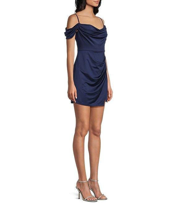 B. Darlin Off The Shoulder Cowl Neck Front Slit Dress Product Image