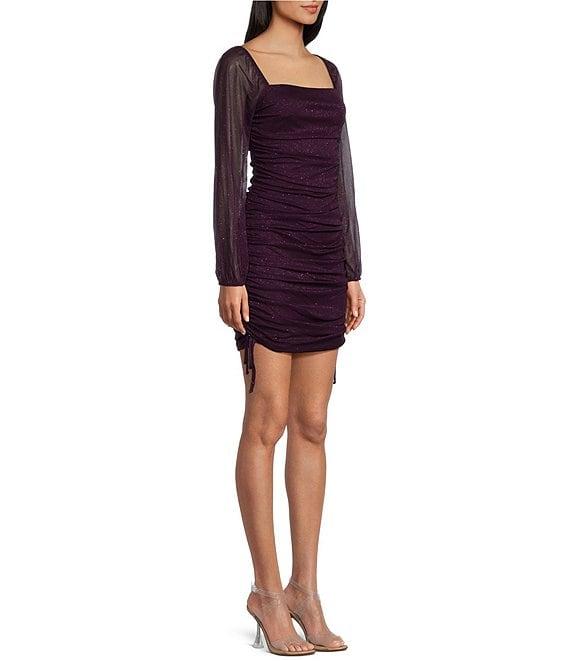 Jump Glitter Square Neck Ruched Long Sleeves With Ties At Hemline Dress Product Image