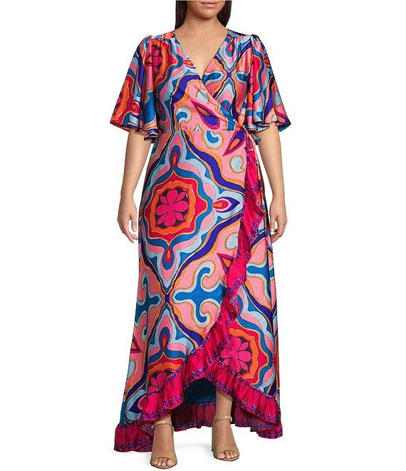 Sugarlips Plus Medallion Border Print Short Sleeve Faux-Wrap High-Low-Hem Satin Long Dress Product Image