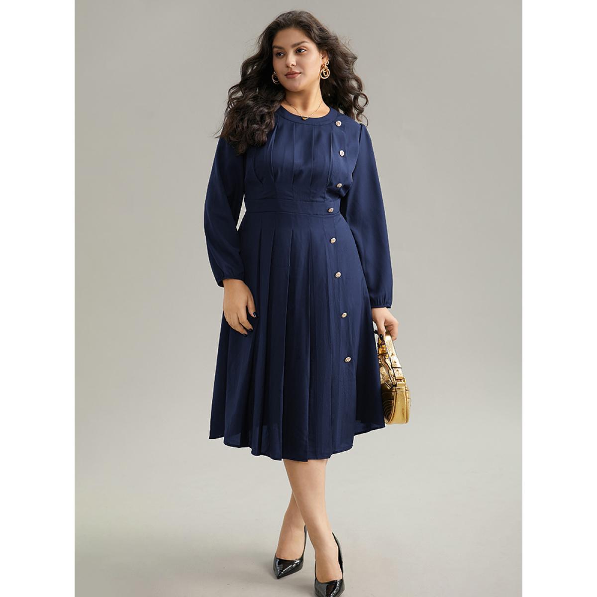 Plus Size Static-Free Metal Detail Plicated Detail Dress Navy Women Office Elastic cuffs Round Neck Long Sleeve Curvy Midi Dress BloomChic 18-20/2X Product Image
