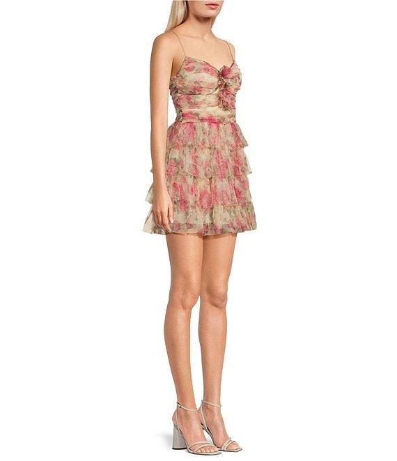 B. Darlin Printed Mesh Spaghetti Strap Sweetheart Ruffle Skirt Rosette Dress Product Image