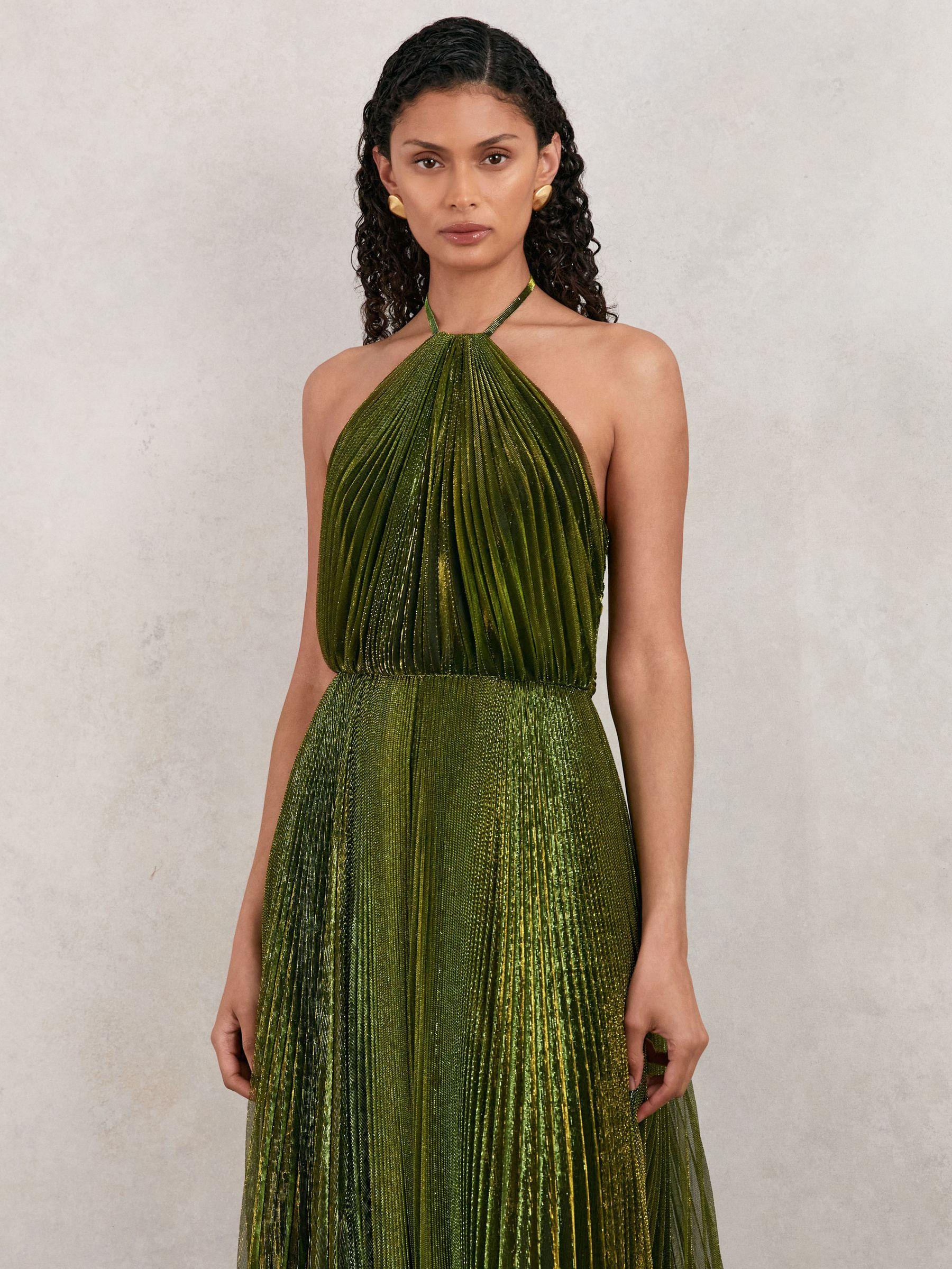 Halston Metallic Pleated Maxi Dress in Dark Olive Green Product Image