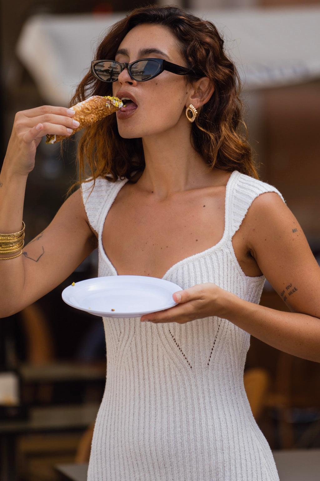 Alessia Cream Cap Sleeve Knit Midi Dress Product Image