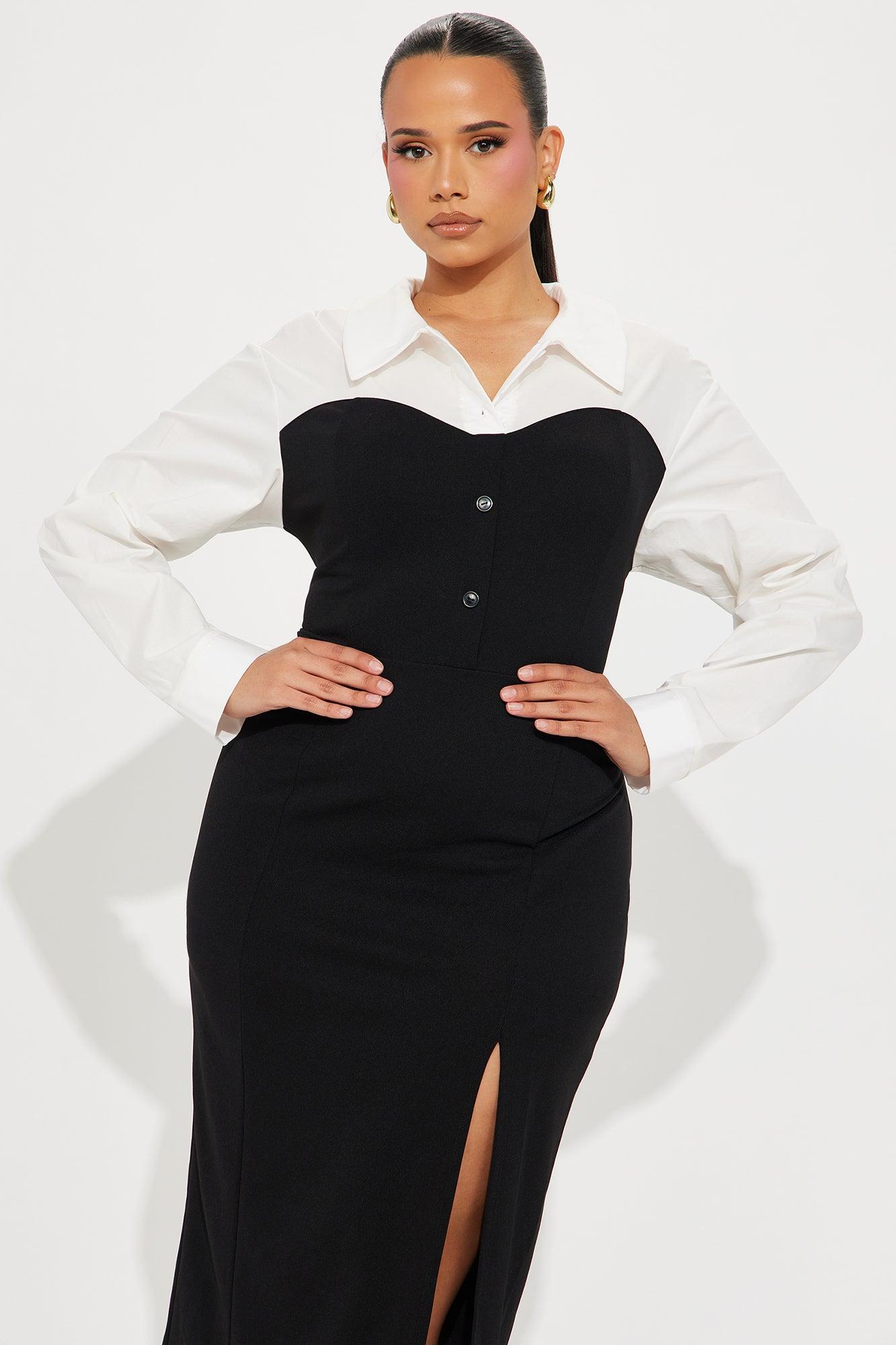 Charline Collared Shirt Midi Dress - Black/White Product Image