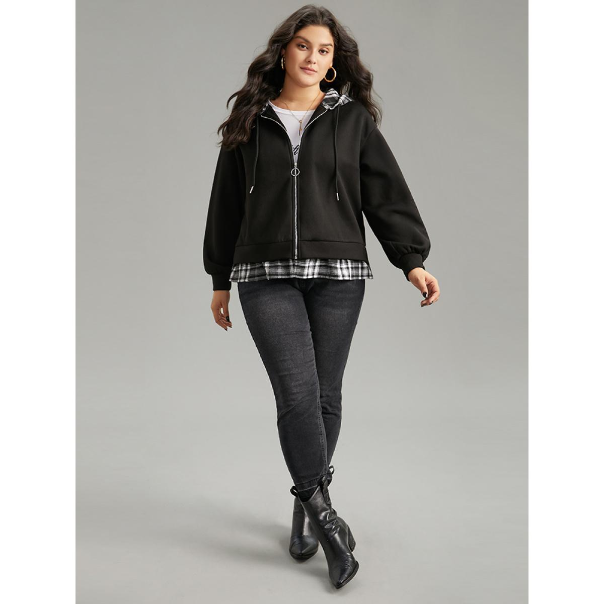 Plus Size Plaid Patchwork O Ring Zipper Hooded Drawstring Jacket Women Black Contrast Dailywear Jackets BloomChic 26/4X Product Image