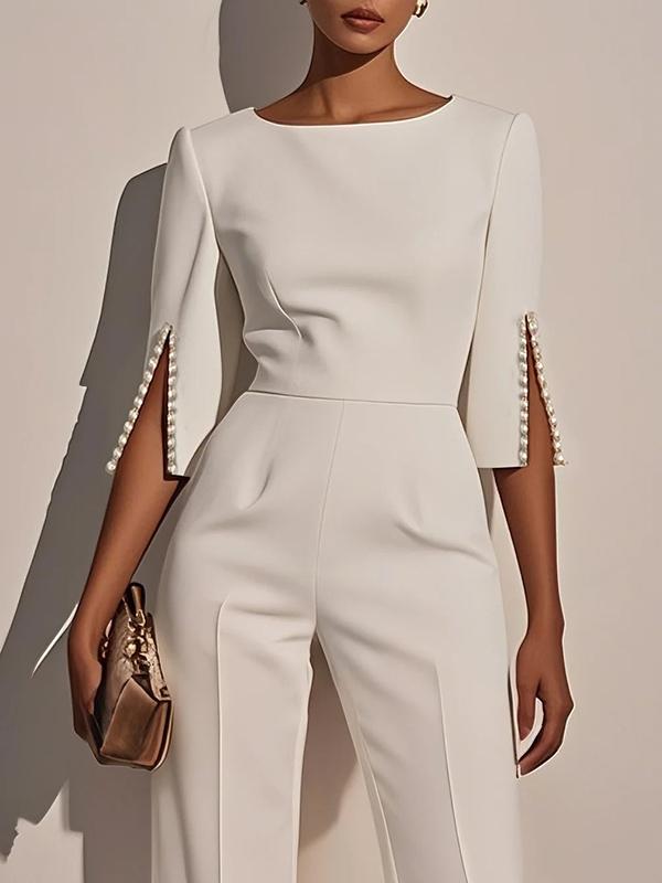 Loose Solid Color Split-Joint Round-Neck Jumpsuits Product Image