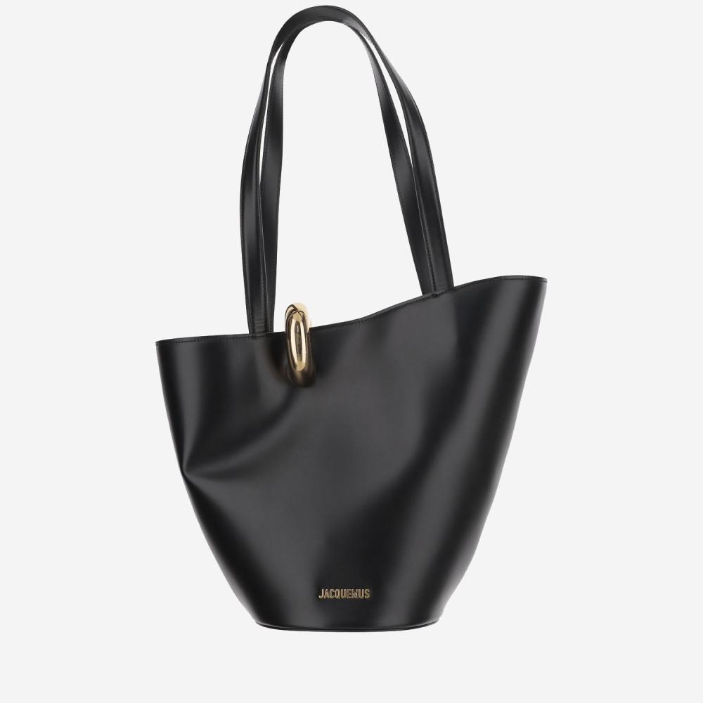 JACQUEMUS The Medium Bambola Asymmetric Leather Bucket Bag In Black 990 Product Image