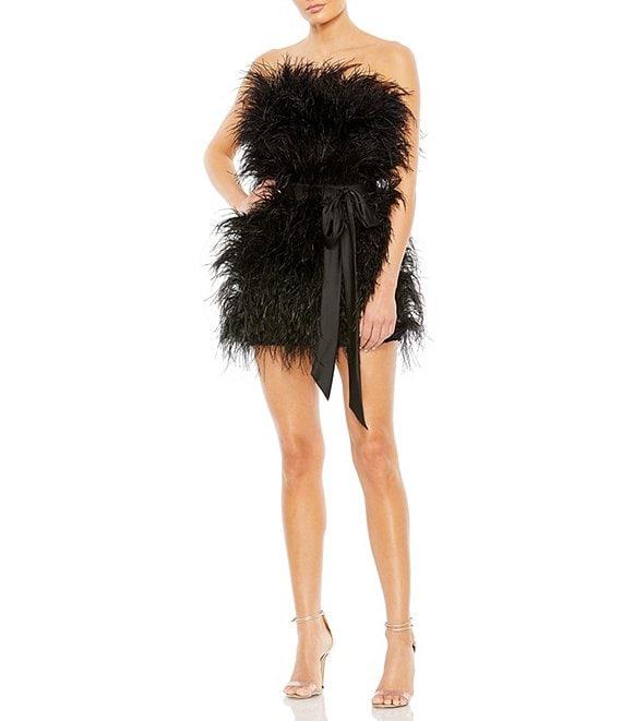 Mac Duggal Strapless Belted Feather Mini Dress Product Image