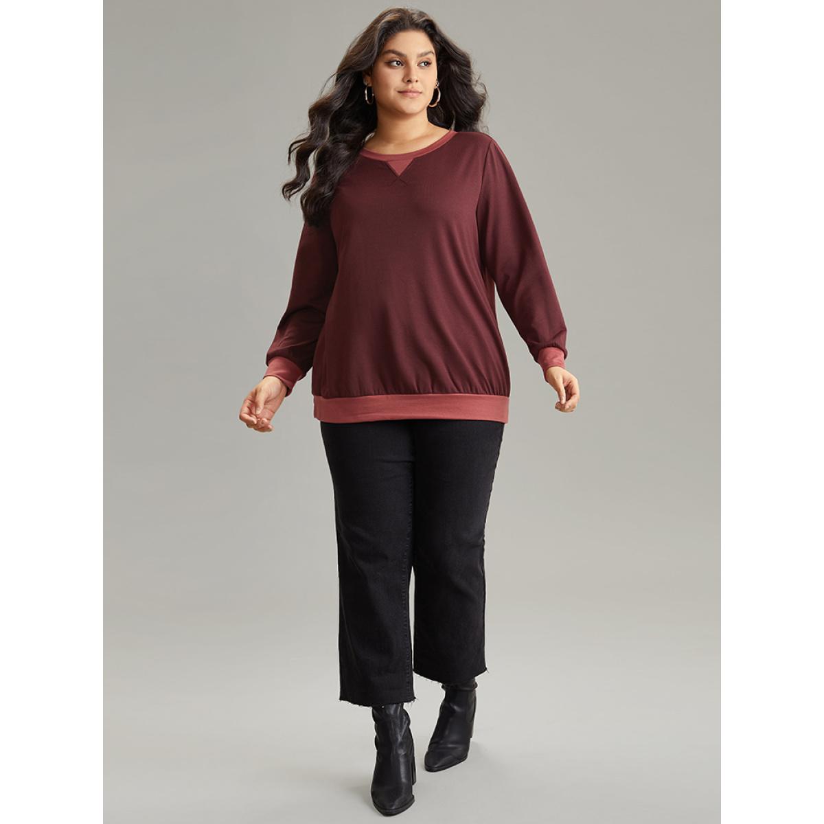 Plus Size Contrast Patchwork Stitch Detail Elastic Cuffs Sweatshirt Women Maroon Casual Plain Round Neck Dailywear Sweatshirts BloomChic 10/M Product Image