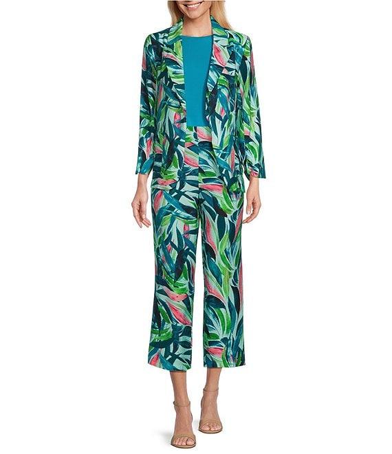Investments Brushed Tropical Leaves Print 3/4 Ruched Sleeve Open Lapel Front Jacket Product Image