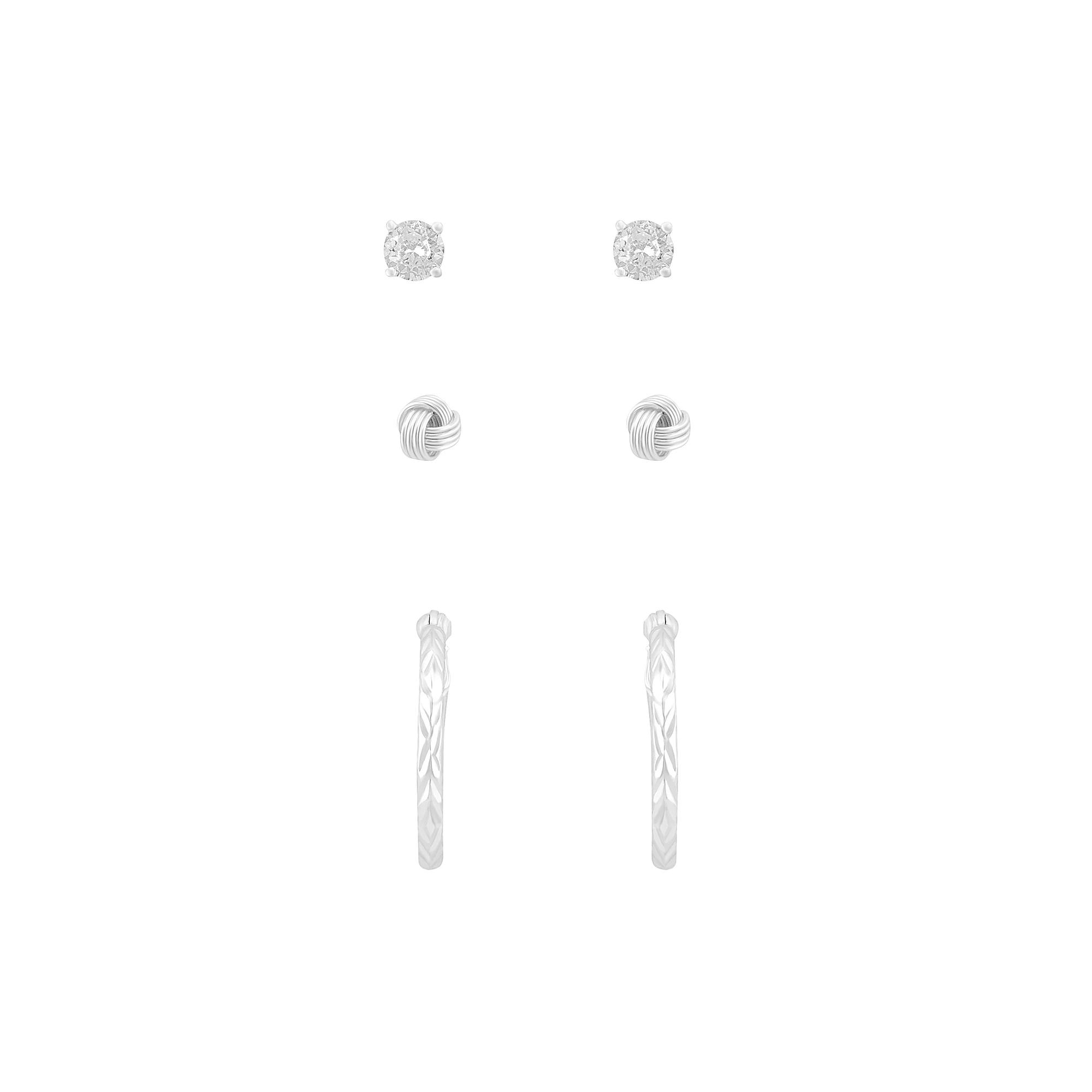 American Exchange 3-Pair Sterling Silver Cubic Zirconia Hoop, Knot, & Stud Earring Set, Womens, Silver Tone Product Image
