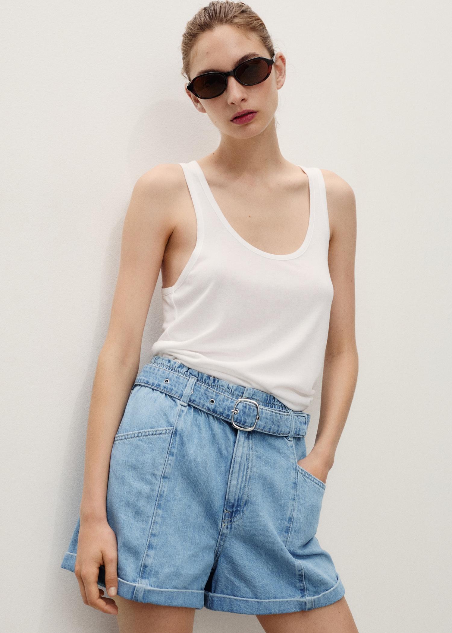 Denim paperbag shorts with belt - Women | MANGO USA Product Image