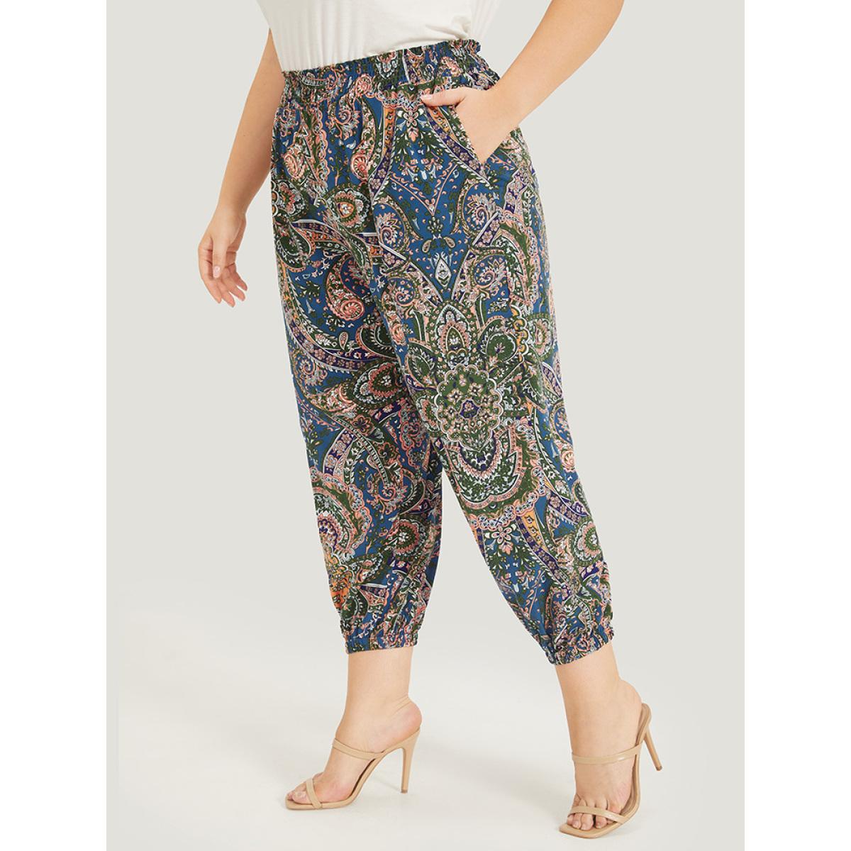 Plus Size Paisley Print Shirred Pocket Elastic Waist Pants Women Indigo Elegant High Rise Dailywear Pants BloomChic 12/L Product Image