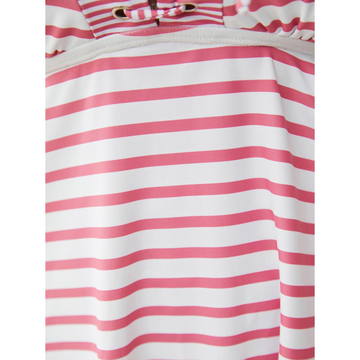 Plus Size Striped Contrast Lace Up Crossover Tankini Top Women's Swimwear Pink Vacation Adjustable Straps High stretch Bodycon V-neck Curve Swim Tops BloomChic 10/M Product Image