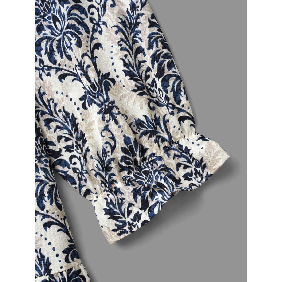 Plus Size V Neck Boho Print Ruffles Maxi Dress DarkBlue Women Resort Ruffles V-neck Long Sleeve Curvy BloomChic 28/5X Product Image