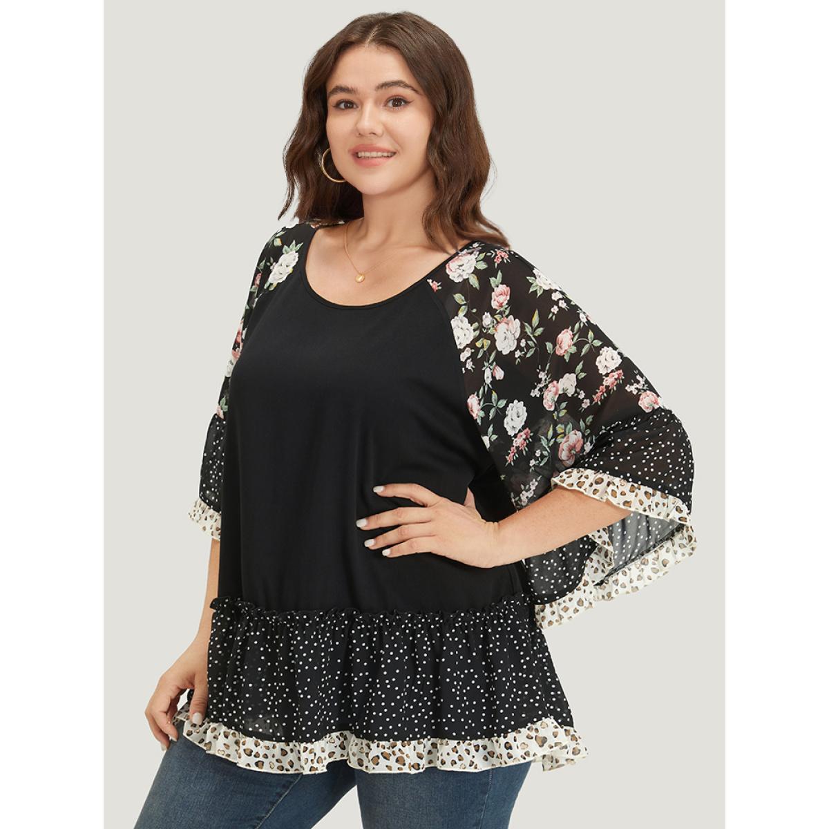 Plus Size Multicolor Floral & Polka Dot Flutter Trim Patchwork Blouse Women Elegant Half Sleeve Round Neck Dailywear Blouses BloomChic 26/4X Product Image