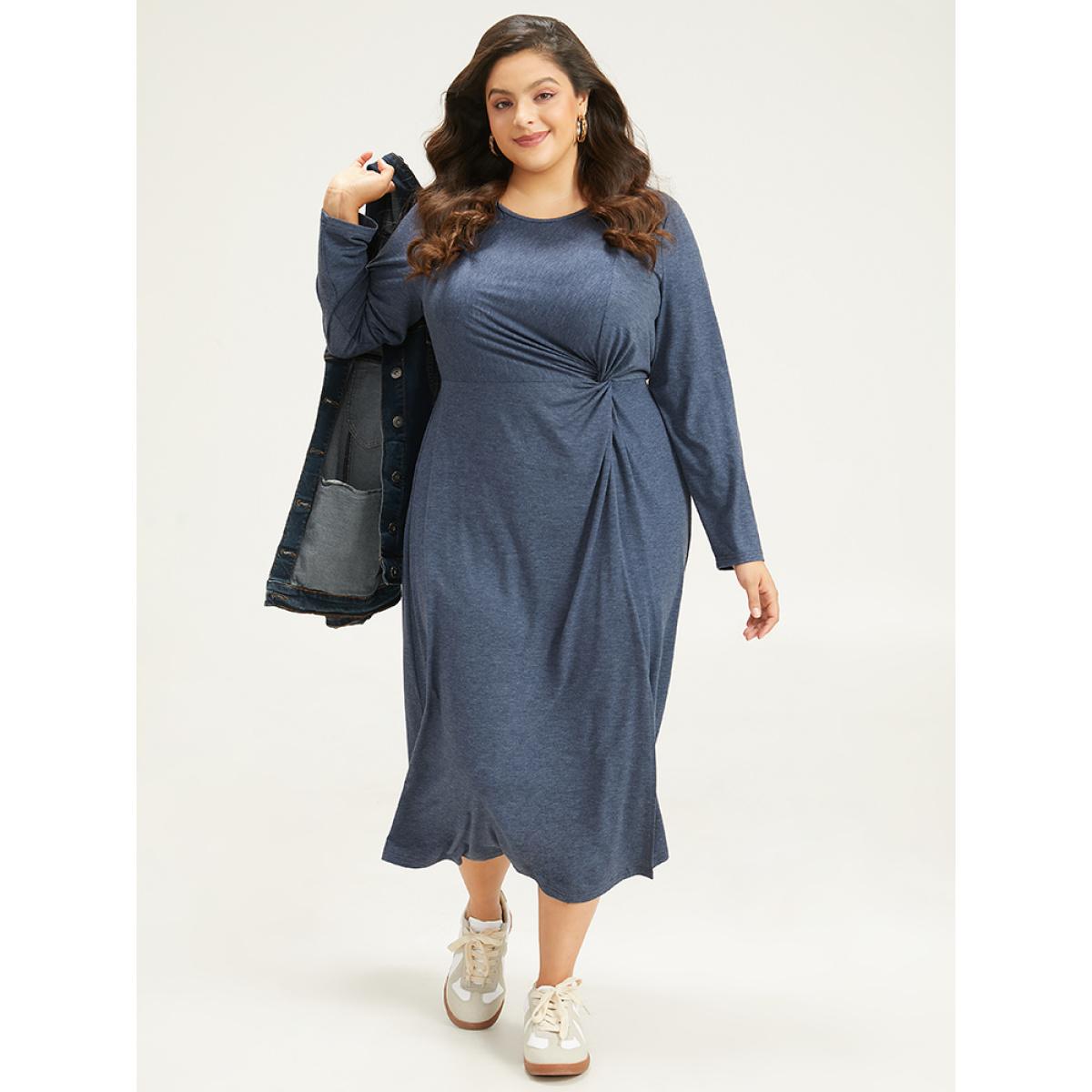 Plus Size Plain Crew Neck Twist Front Split Hem Dress Indigo Women Casual Plain Round Neck Long Sleeve Curvy Midi Dress BloomChic 30/6X Product Image
