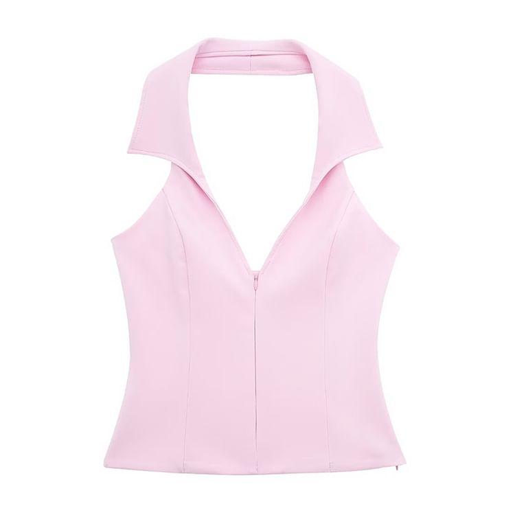 Halter Collar Plain Zip Tank Top / Skort / Set Product Image