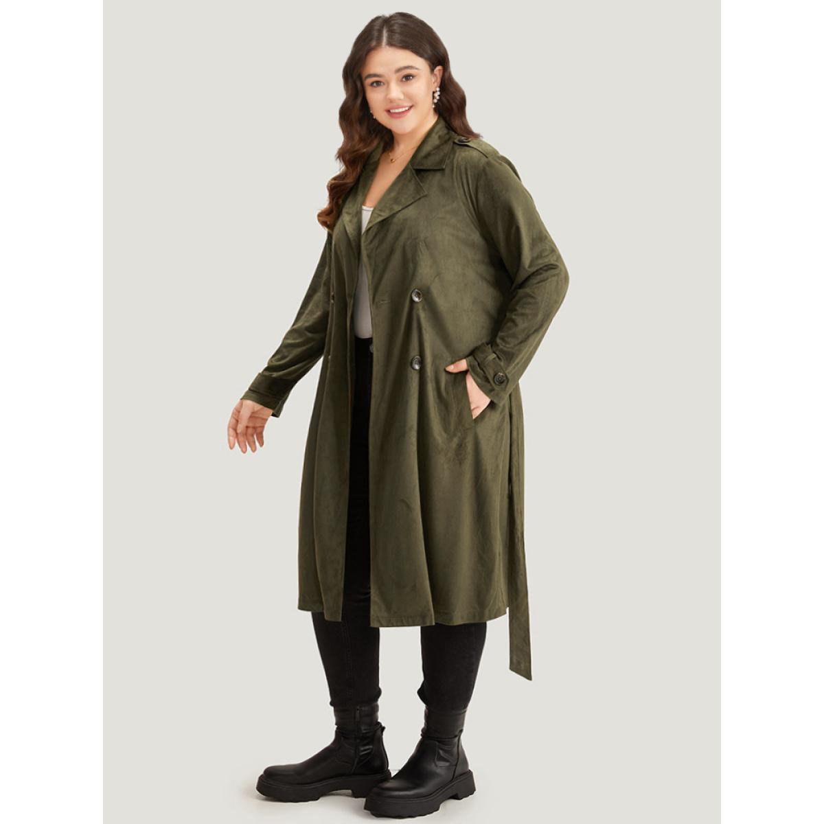 Plus Size Plain Lapel Collar Pocket Belted Faux Suede Coat Women ArmyGreen Casual Plain Ladies Dailywear Winter Coats BloomChic 14-16/1X Product Image