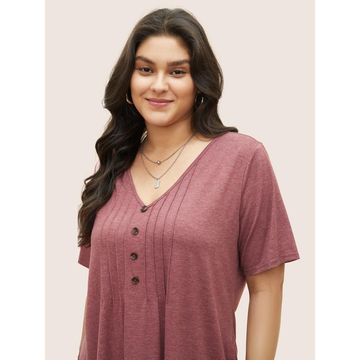 Plus Size Solid Pleated Front Button Detail V Neck T-shirt Russet Women Casual Button Plain Everyday T-shirts BloomChic 14-16/1X Product Image