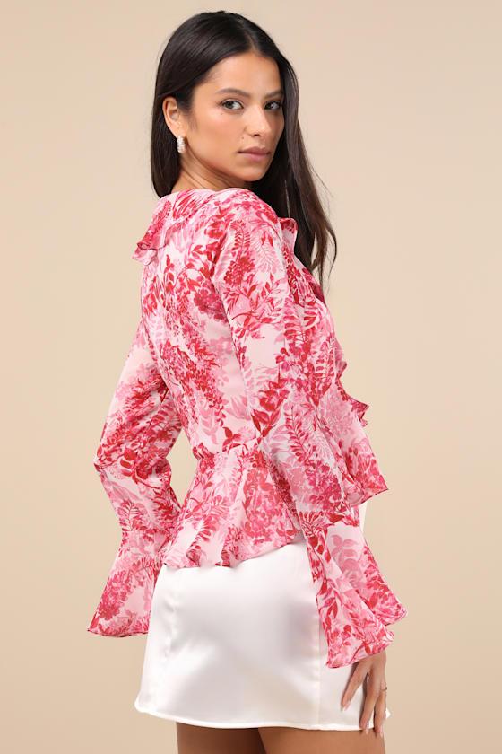 Thriving Flirt Pink Leaf Print Ruffled Long Sleeve Tie-Front Top Product Image