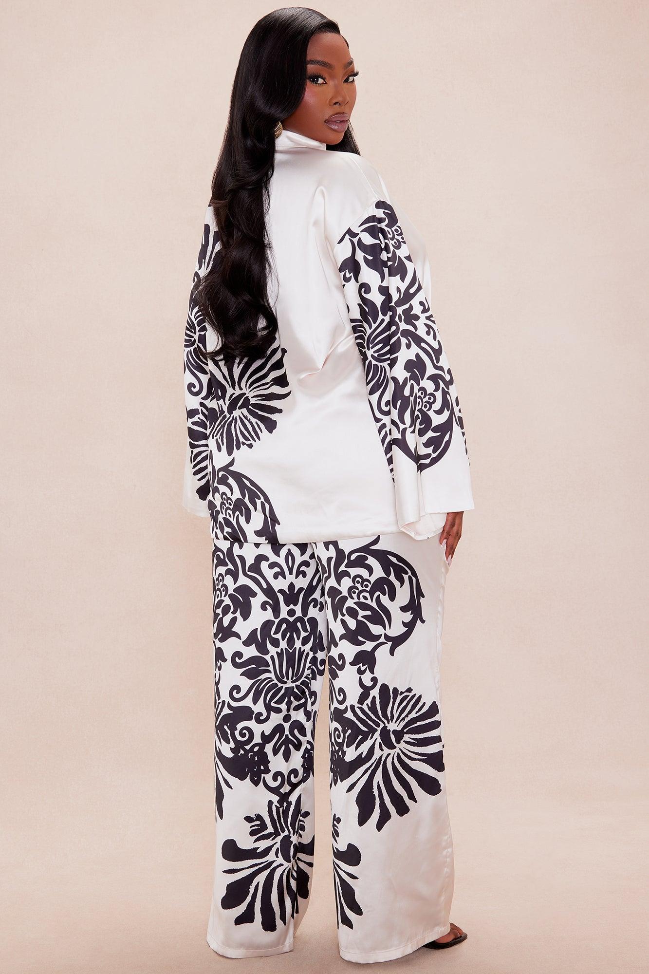 Abina Satin Wide Leg Pant Set - Cream/combo Female Product Image