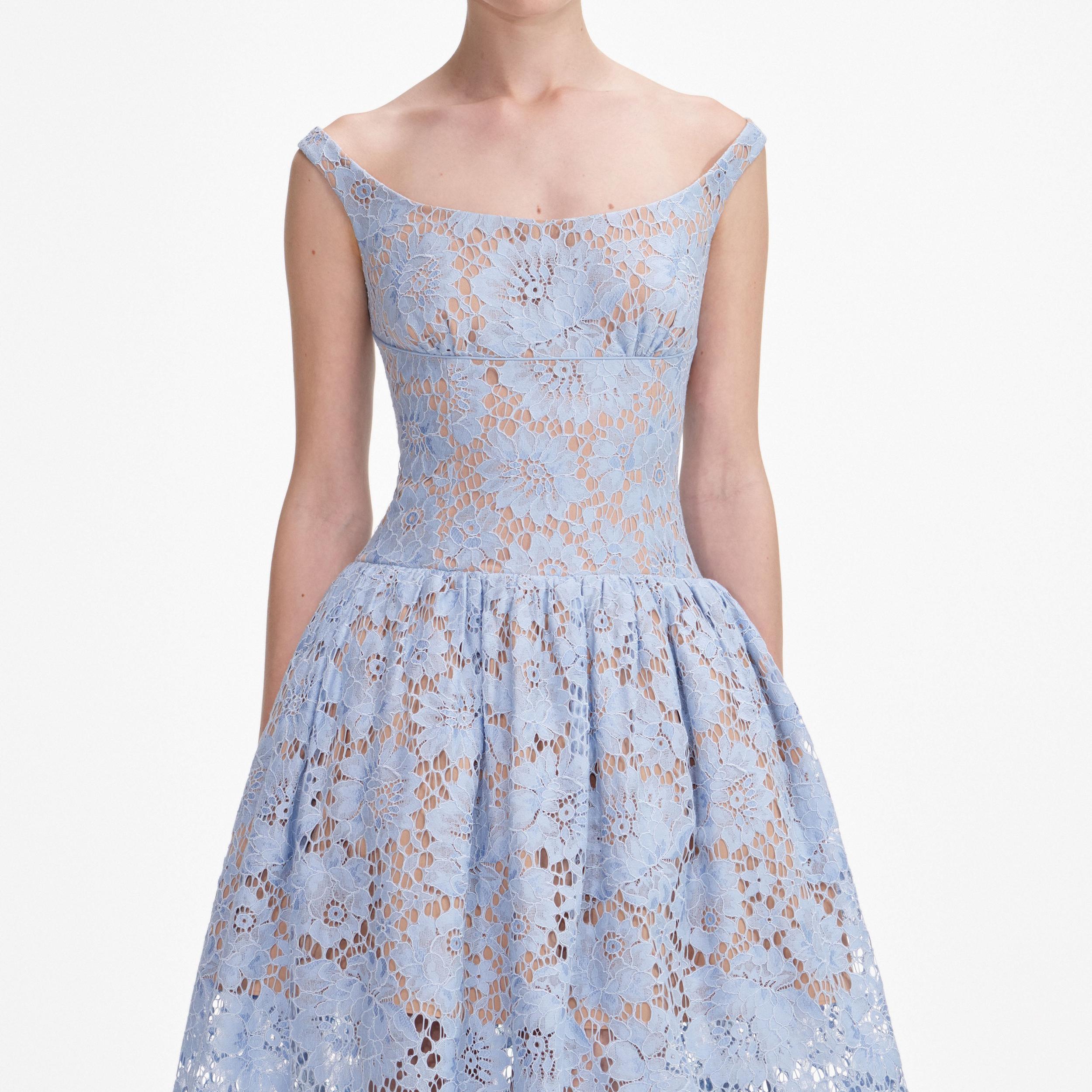 Blue Floral Lace Midi Dress Product Image