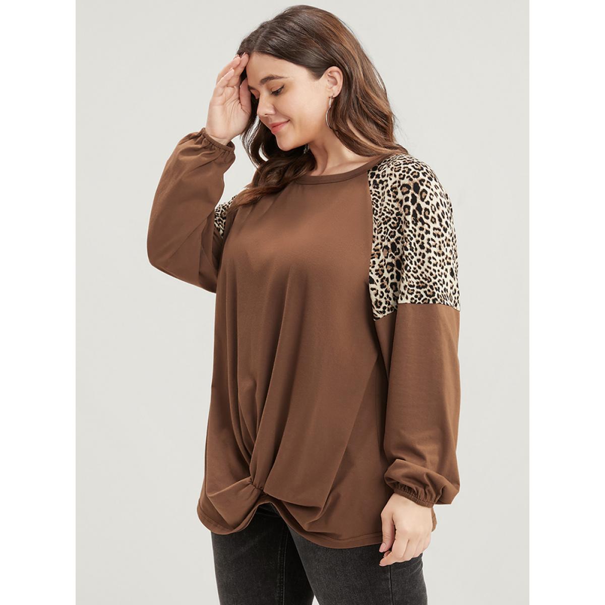 Plus Size Leopard Patchwork Lantern Sleeve Twist Front Sweatshirt Women DarkBrown Elegant Contrast Round Neck Dailywear Sweatshirts BloomChic 28/5X Product Image