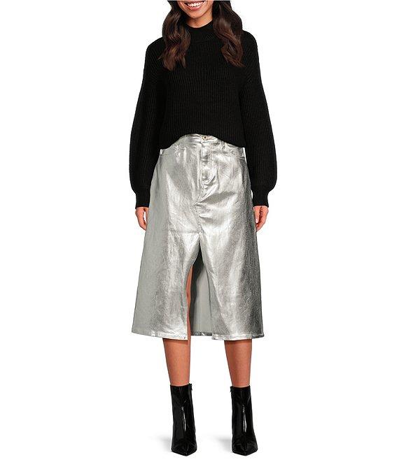 Every Metallic Coated Stretch Denim High Rise Front Split Hem Midi Pencil Skirt Product Image