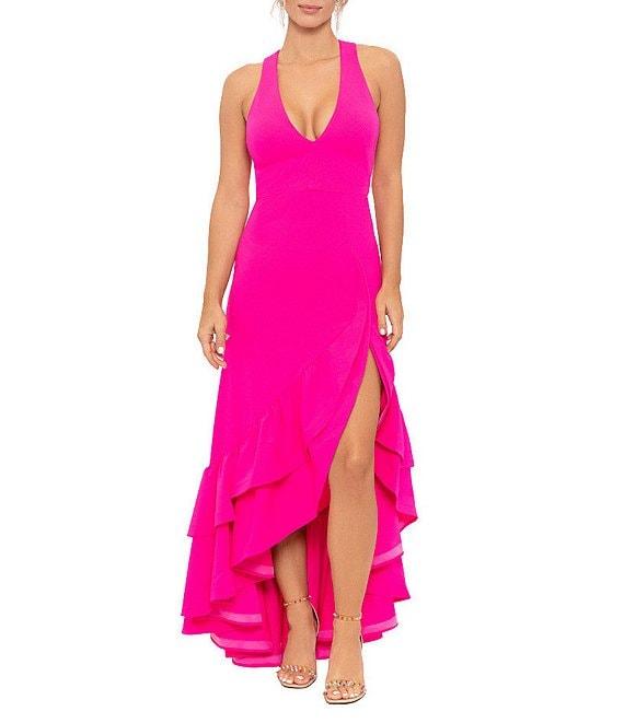 Betsy & Adam Stretch Deep V-Neck Sleeveless Tiered Ruffle Front Slit Gown Product Image