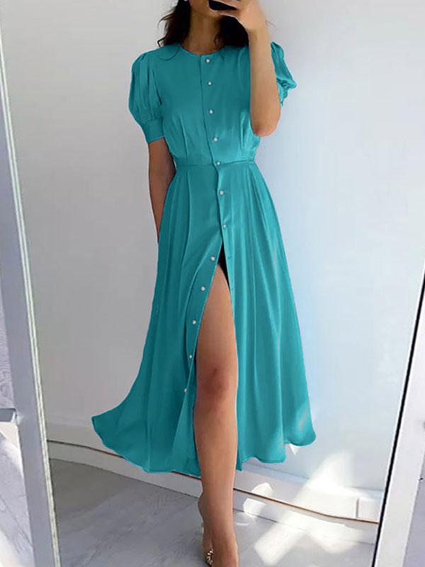 High Waisted Loose Buttoned Round-Neck Midi Dresses Product Image