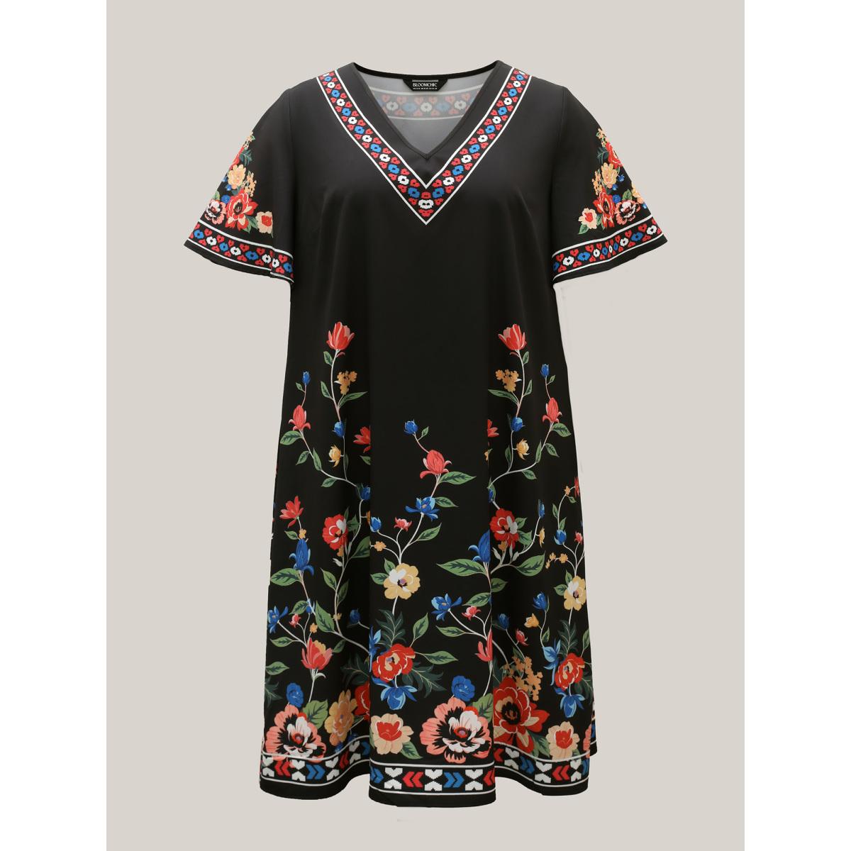 Plus Size Boho Print V-Neck Flared Sleeve Midi Dress Black Women Resort Non V-neck Short sleeve Curvy BloomChic 28/5X Product Image