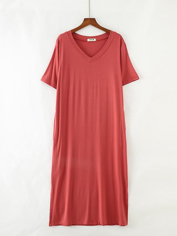 Simple Short Sleeves Loose Split-Side Solid Color V-Neck Pajamas Dress Product Image