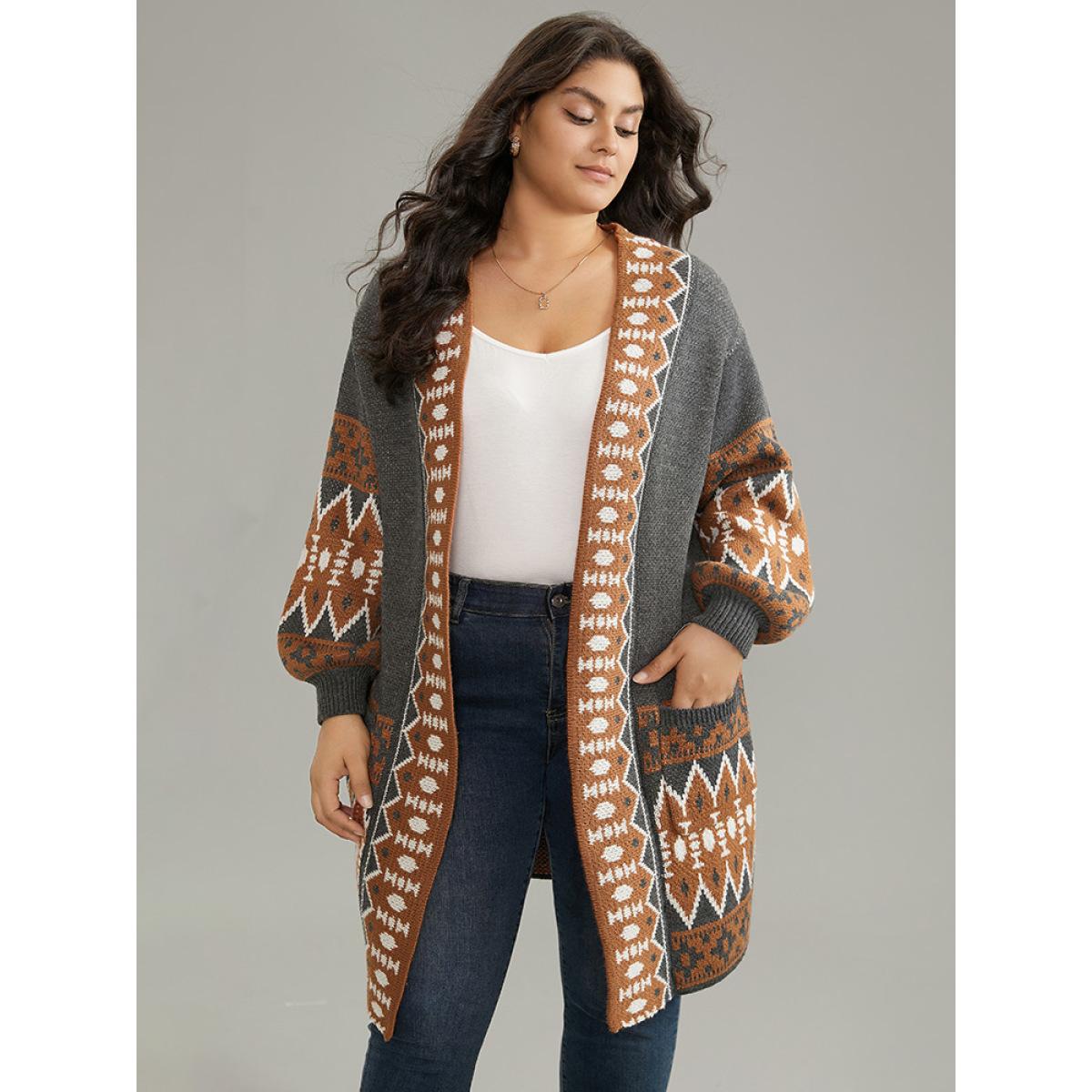 Plus Size Contrast Geometric Pocket Open Front Cardigan DimGray Women Casual Loose Long Sleeve Dailywear Cardigans BloomChic 12/L Product Image