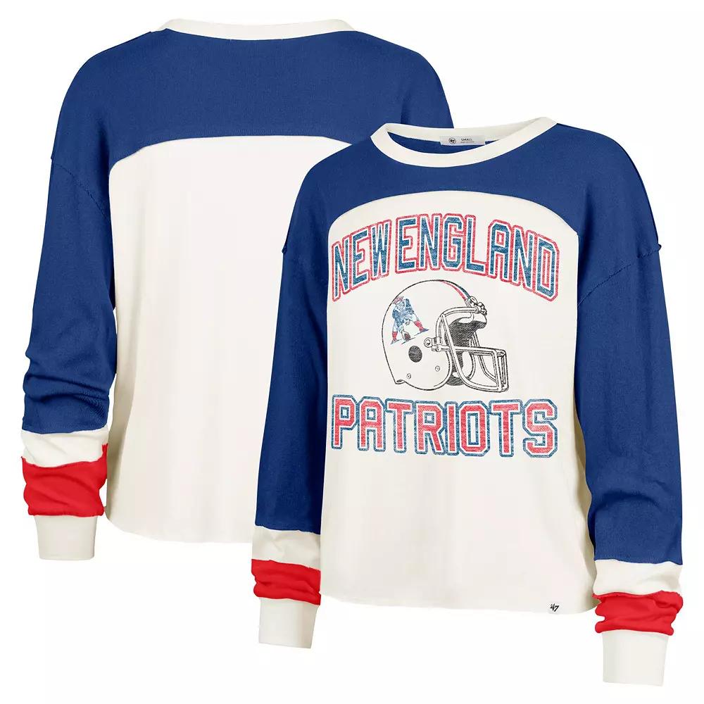 Women's '47 Cream New England Patriots Double Header Curve Raglan Long Sleeve Crop Top, Size: XL, Beige Product Image