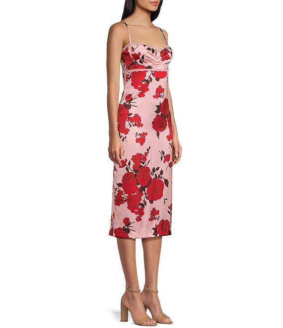 B. Darlin Floral Satin Spaghetti Strap Sweetheart-Neck Fitted Midi Dress Product Image