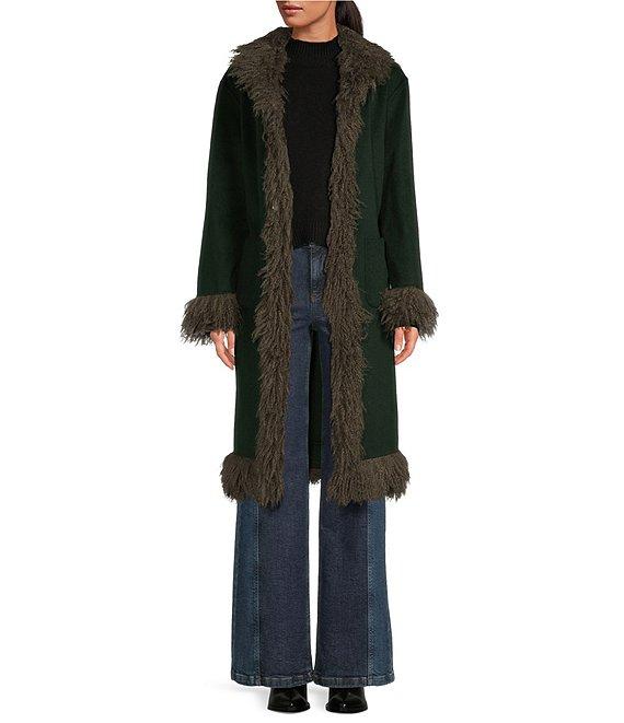 Chelsea & Violet Beatrix Wool Blend Faux Fur Trim Shawl Collar Long Sleeve Tie Front Long Topcoat Product Image