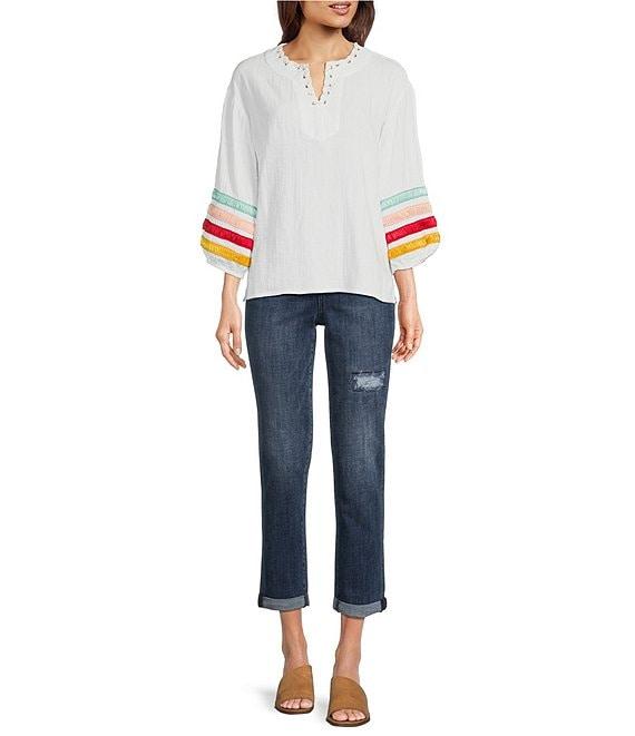 Tru Luxe Jeans Ribbon Trimmed Self-Lace Split Neck 3/4 Sleeve Top Product Image