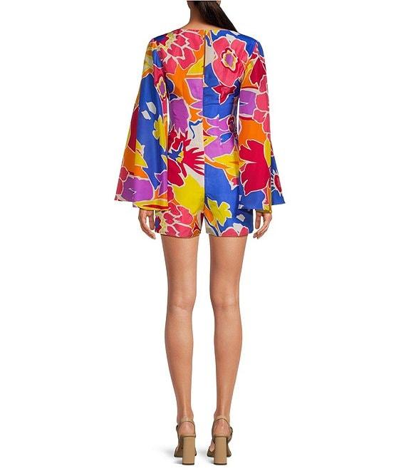 Trina Turk Miera Floral Print V-Neck Long Bell Sleeve Romper Product Image
